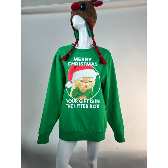 MAD Engine Ugly Christmas Holiday Cat Gift Sweatshirt Medium Green Cotton Blend - Picture 5 of 16